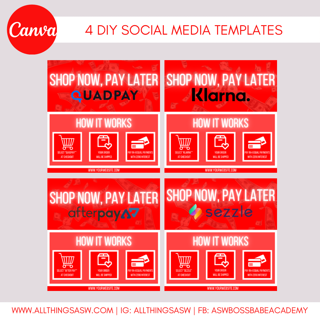 Shop Now, Pay Later DIY Social Media Templates (Afterpay, Sezzle, Klarna, Quadpay)